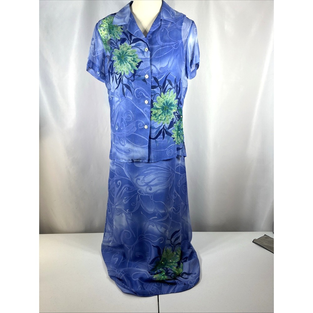 Robbie Bee Vintage 2‎ Piece 100% Silk Blue Floral Maxi Dress & Cover Size 6